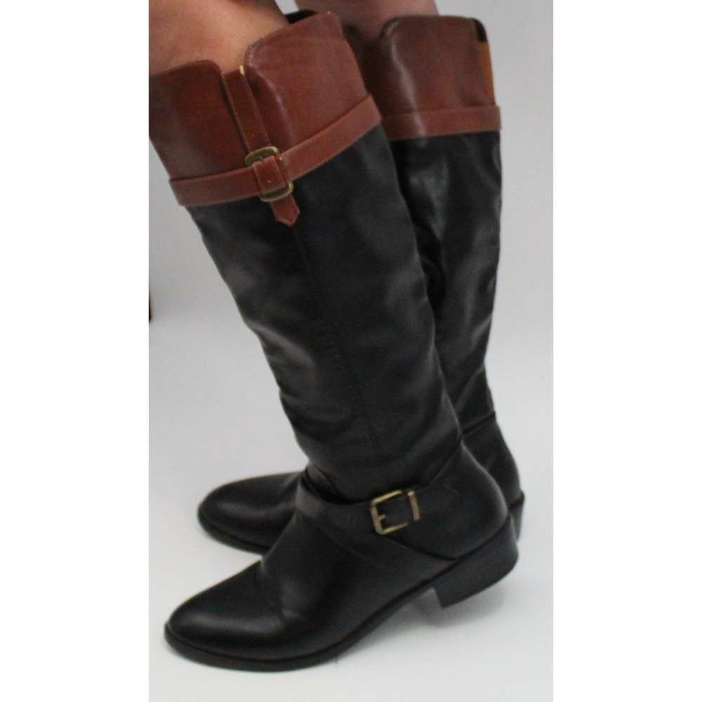 Womens Two Tone Riding Boots Black Brown Buckle Tall Knee High Equestrian Zip Up